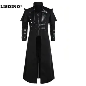 Vintage Halloween Medieval Steampunk Assassin Elves Pirate Costume Adult Men Black Long Split Jacket Gothic Armor Leather Coats