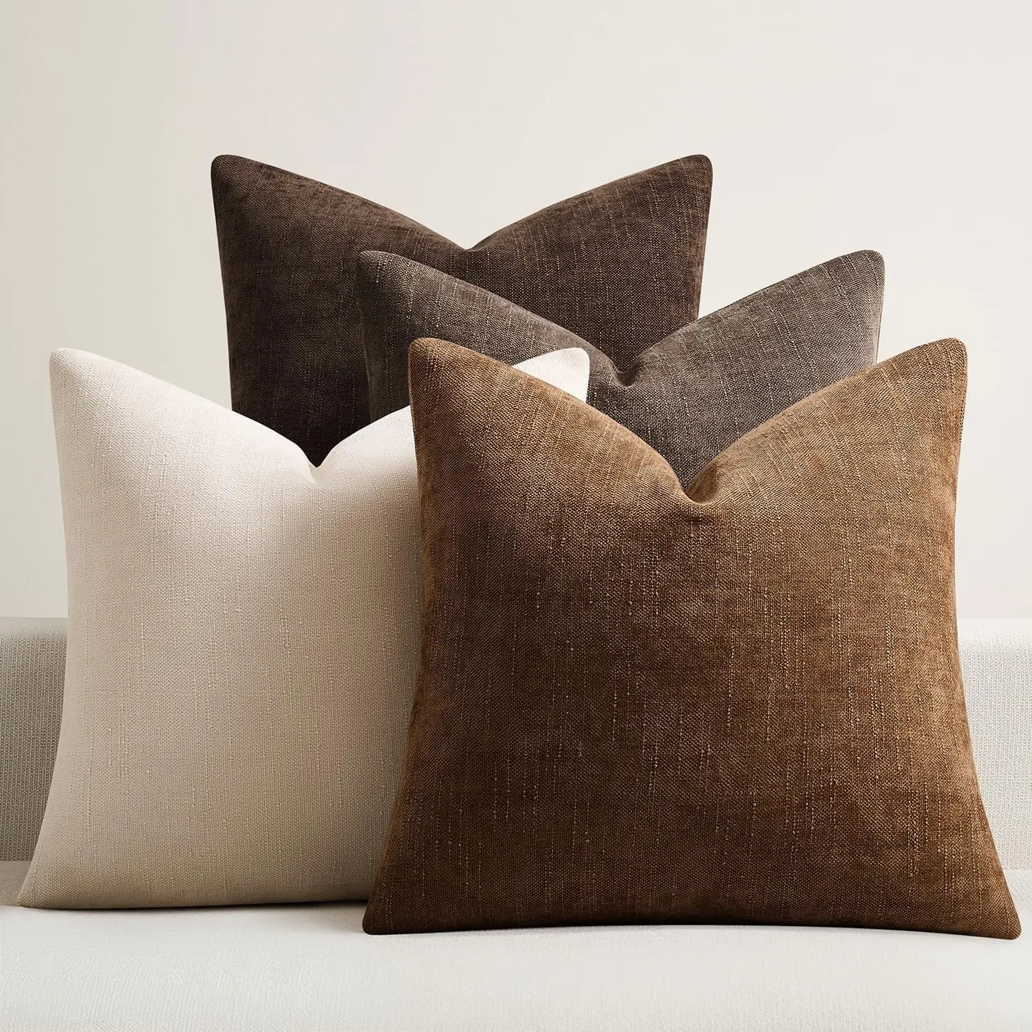 4Pcs Throw Pillow Covers 18x18 Inch / 20x20 Inch Chenille Textured Neutral Brown Soft Pillow Covers Solid Decorative Farmhouse Cushion Covers Home Boho Western Decor for Couch Sofa Bed Living Room Bedroom Decor