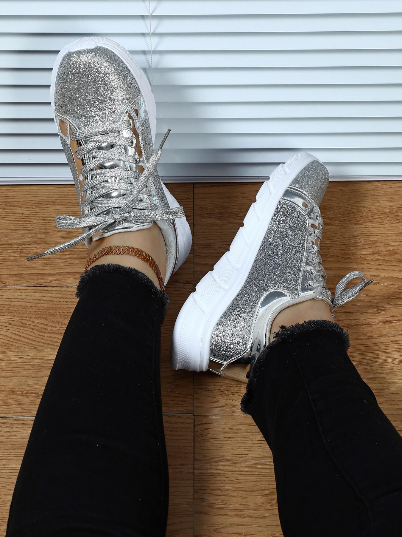 2026 Spring New Silver Color Glitter Thick Sole Casual Board Shoes for Women, Fashion Versatile Height-Boosting Sports Shoes