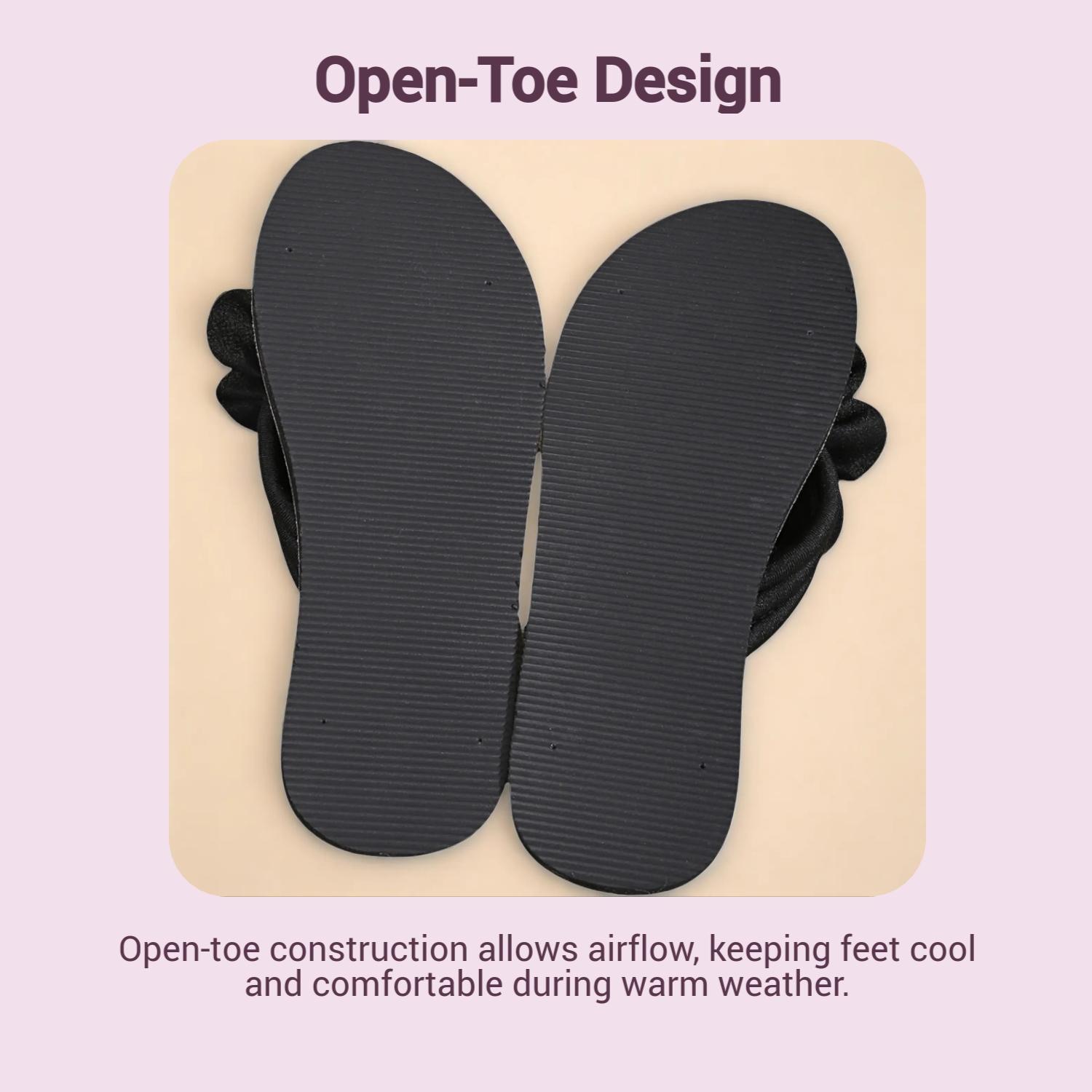 Women's Flower Flip Flops - Black Fabric Thong Sandals with Floral Embellishment