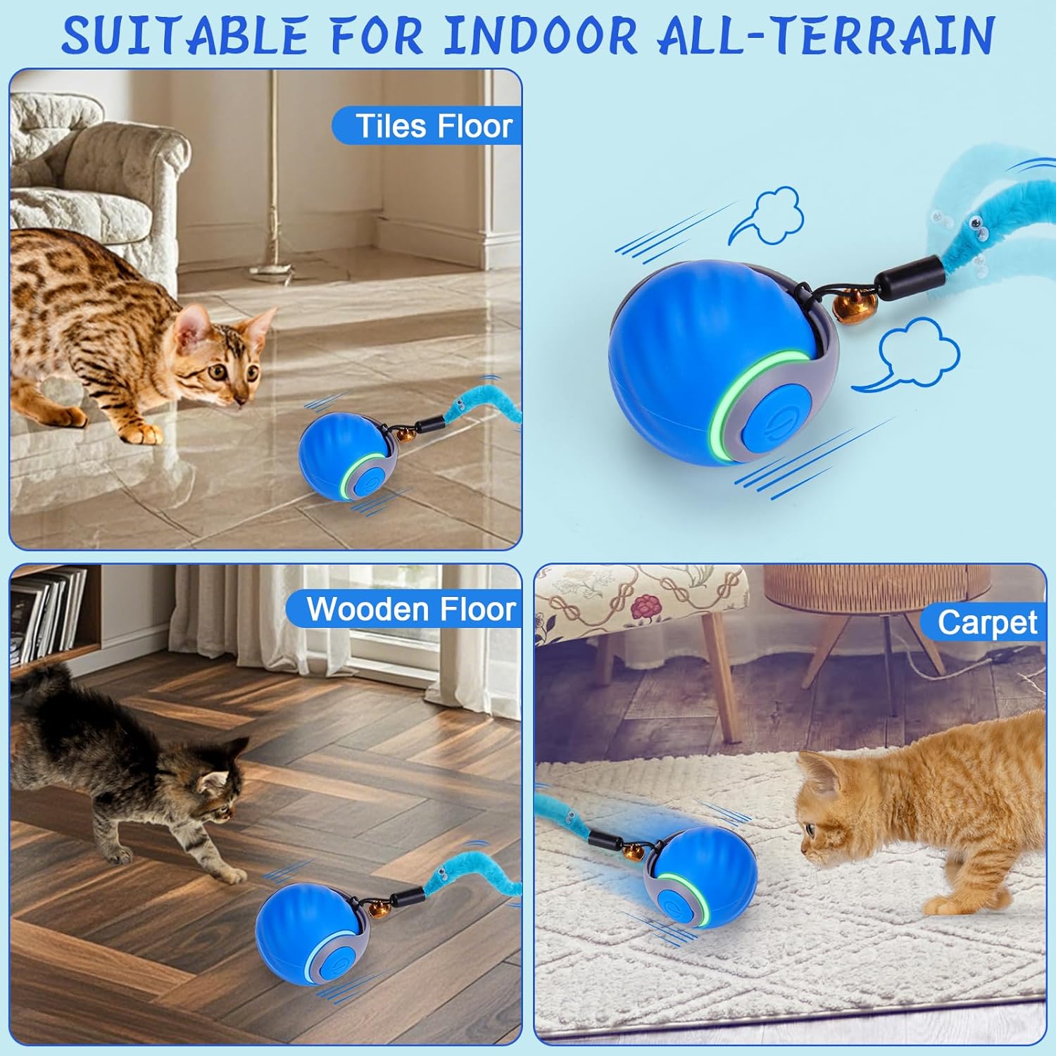 Interactive Cat Toy Ball, Automatic Interactive Pet Toy with Tail, Rechargeable Dual Speed Design for Indoor Cats, Small/medium/large Sizes，Activated with Bird Sound, Tail, Obstacle Avoidance, and Puzzle Features for Indoor Cats | Stimulates Hunting Insti