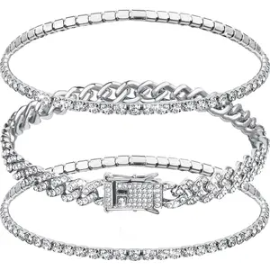 3 Pcs Anklets Bracelet for Women Adjustable Diamond Tennis Cuban Style Link Anklets for Women Wedding Fashion Gifts