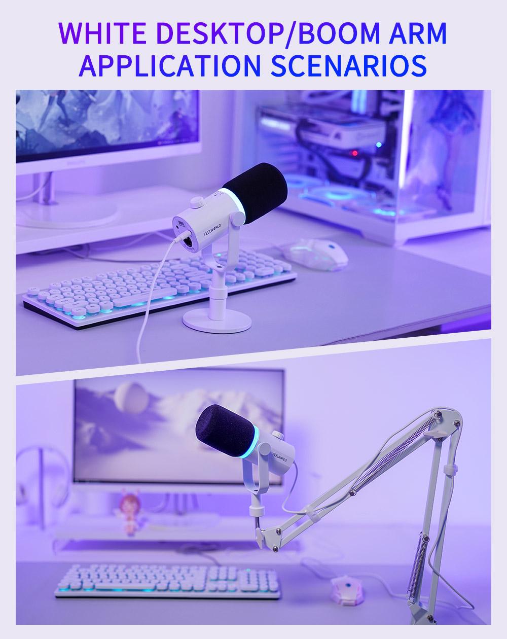 FEELWORLD PM1 XLR USB Dynamic Microphone with Boom Arm Stand for Podcast Recording PC Computer Gaming Live Streaming Vocal Voice-Over, Studio Metal Mic, RGB Light, Mute Button, Headphones Jack