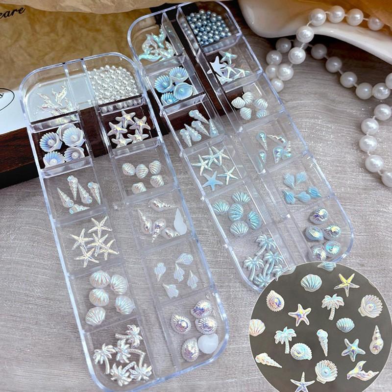 Light Blue Nail Charm Set - Pearl Starfish Shell Nail Pressing DIY Accessory Kit, Ocean Mermaid Style Acrylic Fake Tips, Perfect for Halloween, Christmas, New Year Party Nail Decoration