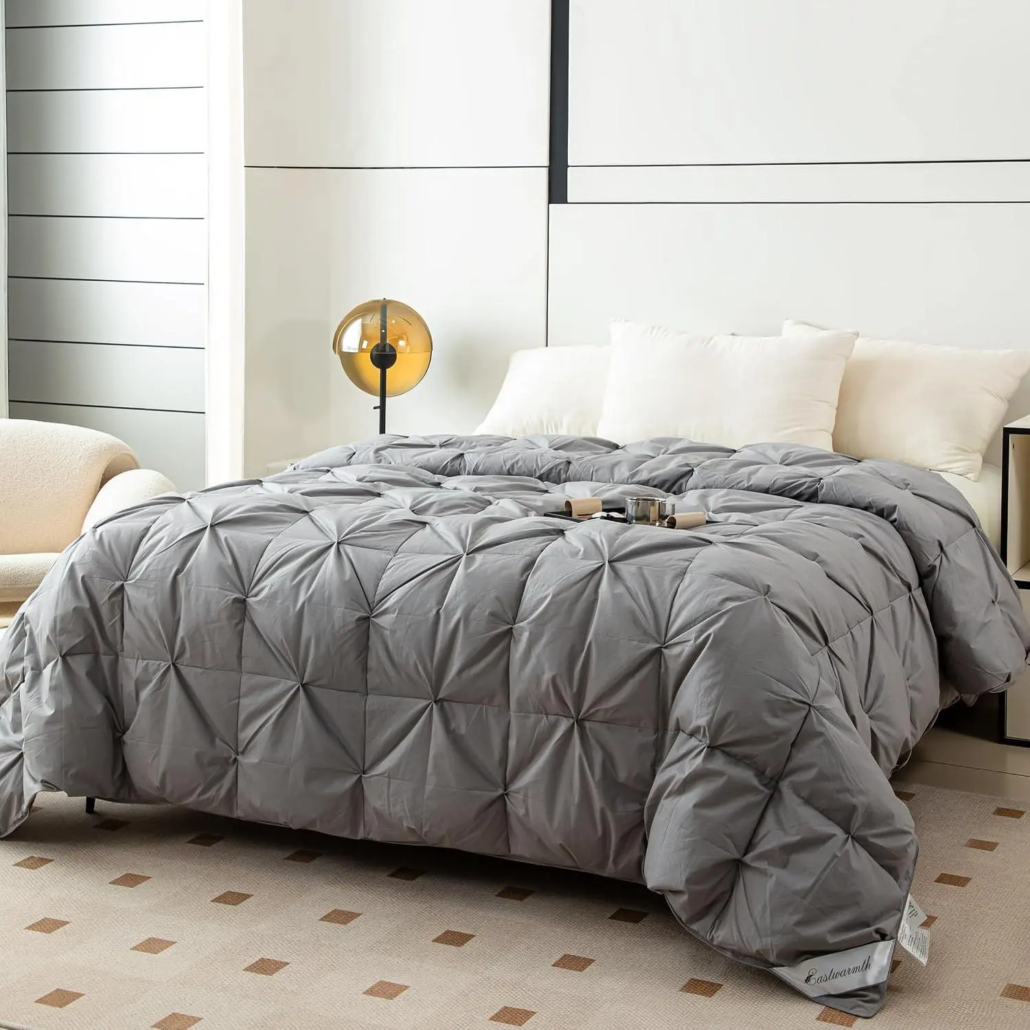 Pinch Pleat Down Feather Comforter, All Season Medium Warmth Ultra-Soft 750 Fill-Power, Grey Bedding Down Feathers Duvet Insert with 8 Tabs, King Size 104x90 Inch