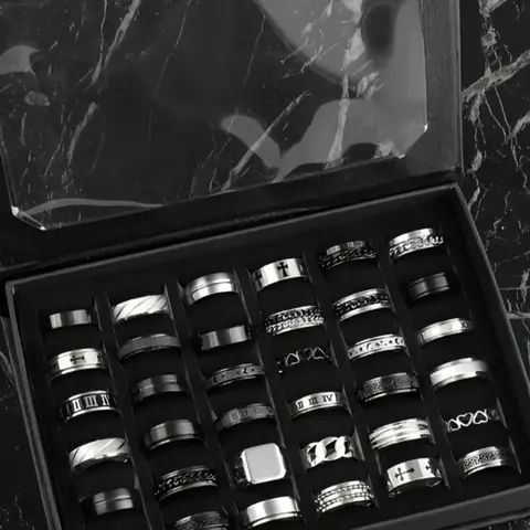 Men's Stainless Steel Punk Style Ring Set, Punk Style Fashion Rings, Cross-Line Texture Chain-Design Ring, Polished & Sandblasted, Stackable Finger Rings for Casual Party and Vacation Wear, Stacking Finger Jewelry