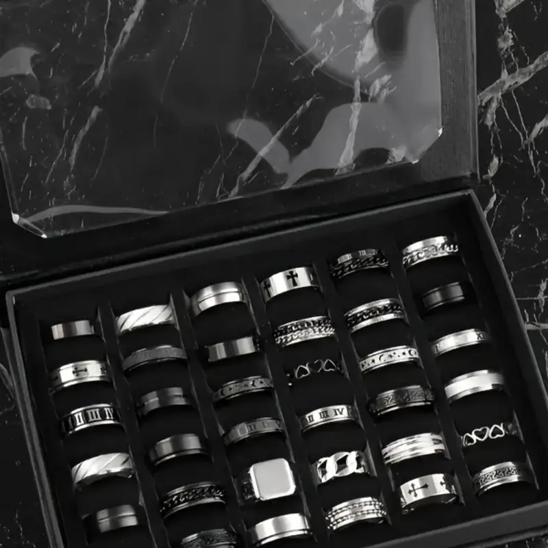 Men's Stainless Steel Punk Style Ring Set, Punk Style Fashion Rings, Cross-Line Texture Chain-Design Ring, Polished & Sandblasted, Stackable Finger Rings for Casual Party and Vacation Wear, Stacking Finger Jewelry