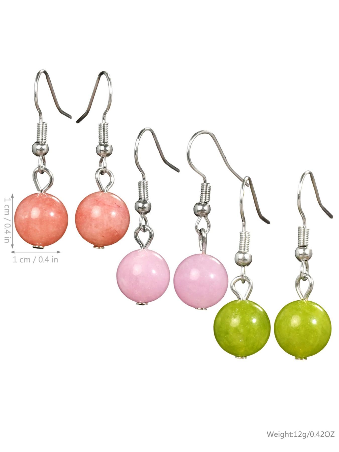 3 Pairs Fashion Natural Stone Earrings, Summer Fresh Peridot & Lavender Quartz & Sunstone, Round Bead Dangle Jewelry, Vacation Accessories