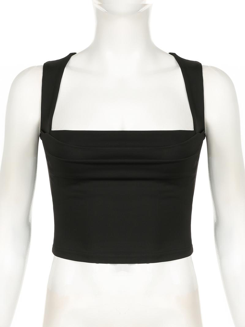 Women's Plain Ruched Square Neck Crop Tank Top, Casual Sleeveless Cropped Top for Fall, Minimalist Basic Short Tops, Ladies Clothes for Daily Wear, Summer Top