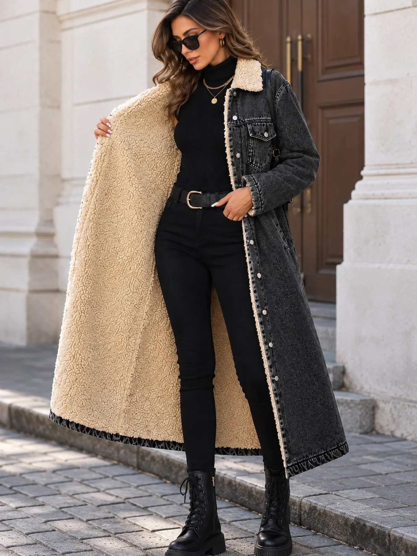 Women's Fall Winter Chic Denim Jacket, Long Cozy Fleece Lined Coat, Elegant Lapel Single Button, Casual Versatile Outerwear