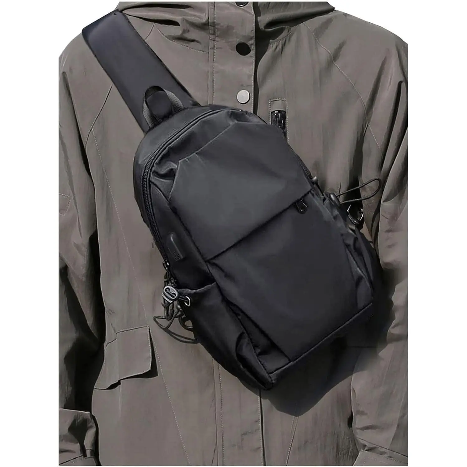 Small Black Sling Crossbody Backpack for Men Women, Lightweight One Strap Daypack with USB Charger Port, Nylon for Hiking Biking Travel CyclingGift