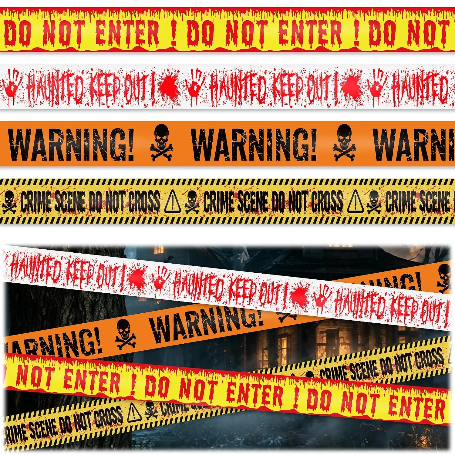 Halloween Caution Tape Decorations, 100ftx3in 4 Kinds WARNING Caution Tapes| Red Yellow Scary Fright Tapes, Haunted House, Warning Do Not Enter Tape, Yard Window Porch Trunk or Treat Party Decor