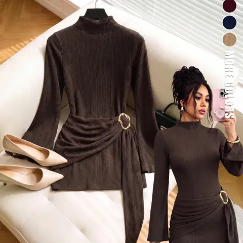 Autumn Winter Minimalist Slim Fit Textured Fabric Women Dress, Half High Neck Bell Sleeve, Waist Ring Buckle Ruched Tie Design, Elegant Chic Style