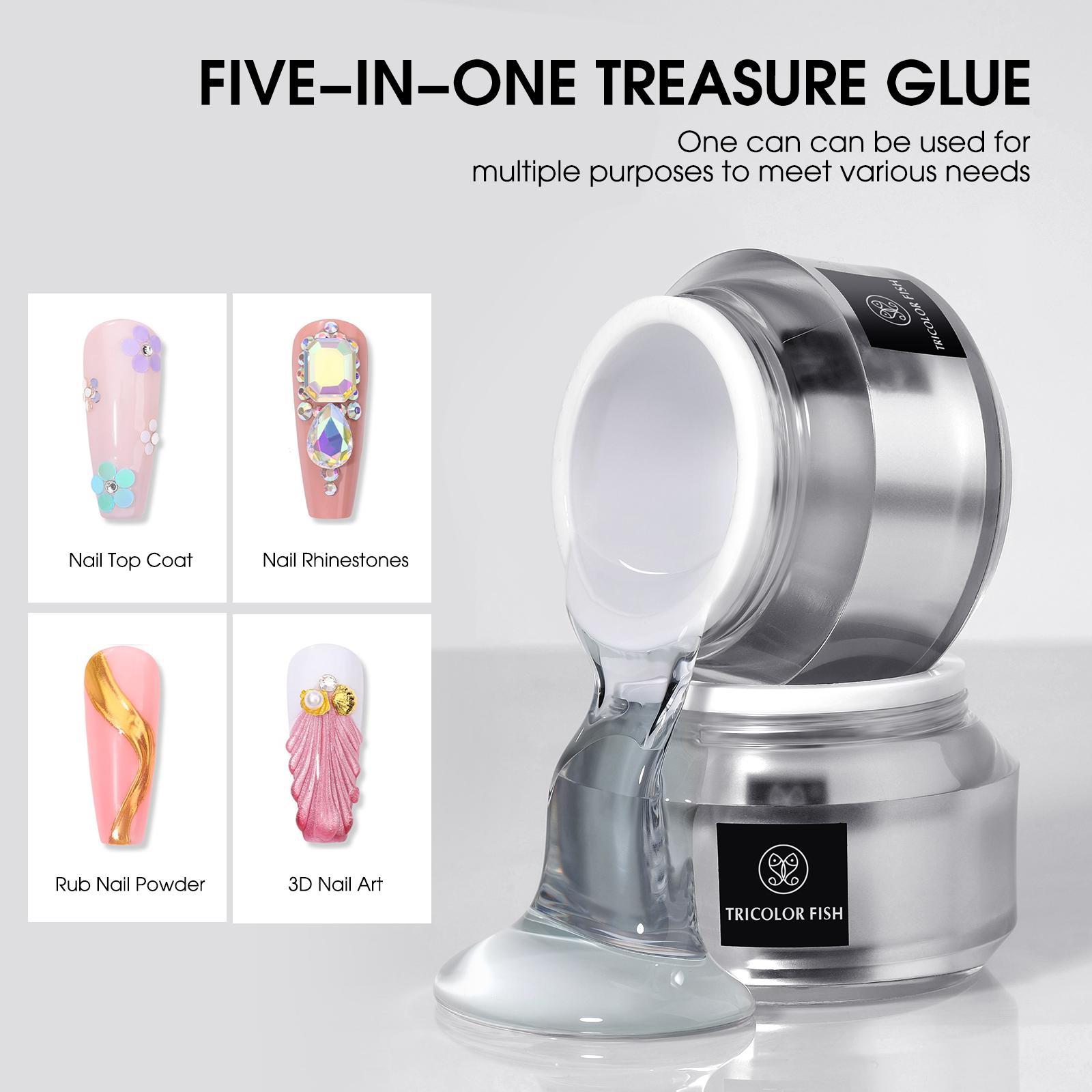 TRICOLOR FISH Nail Rhinestone Glue Gel with Brush Pen Set, 35G Top Coat Clear Nail Gem Glue Wipe-Off Super Strong Adhesive Nail Art Glue Gel for Nail Decorations 3D Stones Charms Flowers, Nail Lamp Neede