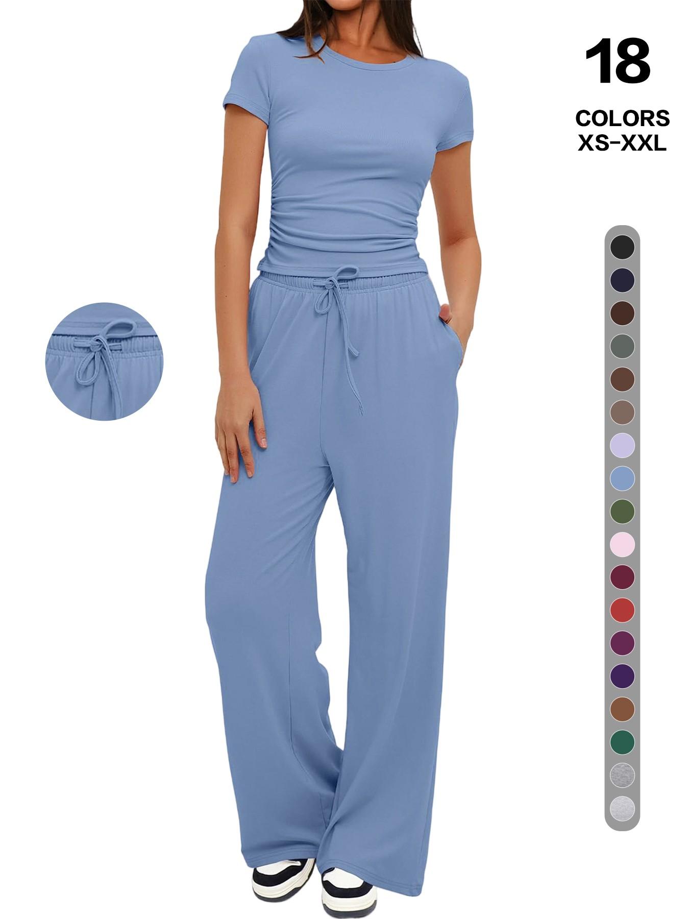 2026 Women's Solid Round Neck Short Tee and Pants, 2- or 6-Piece Set, Casual Comfy Elastic Pajama Set for Women, Cozy Loungewear for Daily Home Wear