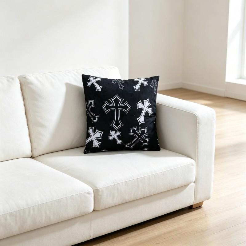 Vintage Gothic White Cross Black Throw Pillow Cover, Soft Plush, Material 18"×18" Single Sided Printed Cushion Cover with Hidden Zipper, Emo Punk Room Decor Gift. (No Filler Included)#GothicHomeDecor #PunkDecor #CrossPillow #ThrowPillowCover