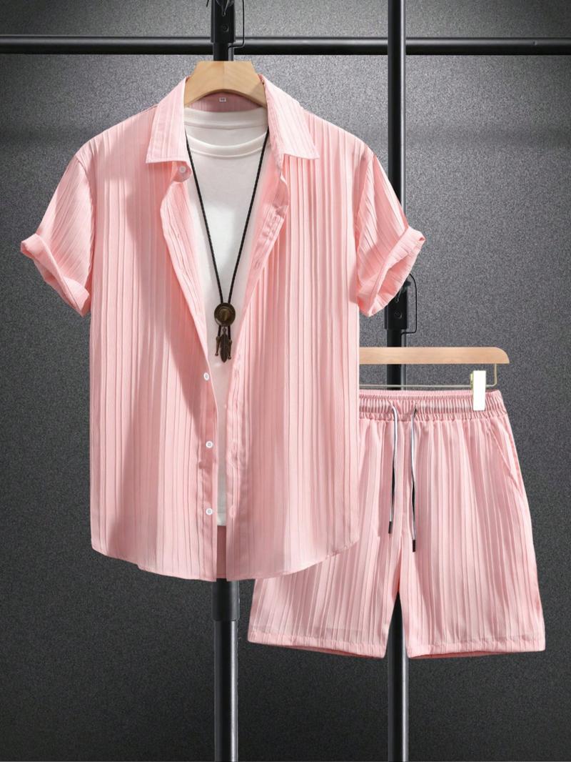 Two-Piece Set Men's Regular Fit Solid Textured Short Sleeve Shirt & Shorts, Casual Summer Set for Men, Mens Clothes for Beach Vacation