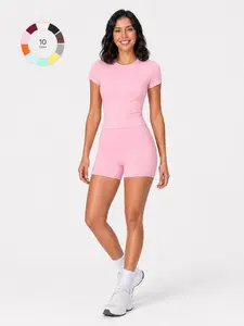 Women's Two-Piece Sports Set, Soft Short Sleeve Crop Top & High Waist Pocket Shorts, Casual Yoga Fitness Wear for Running, Gym and Training, High Elastic Activewear, Casual Breathable Sportswear