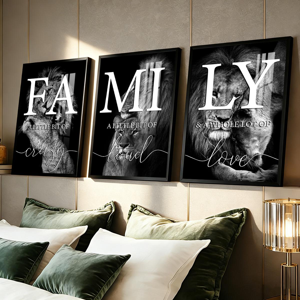 3 Counts Aluminum Alloy Framed Painting, Family Lion Wall Art Black And White Animal Poster, Home Decoration For Living Room, Bedroom, Office, Restaurant, Hallway Wall Decor, Odorless Print Artwork, Luxury Perfect Gift For Friends And Family
