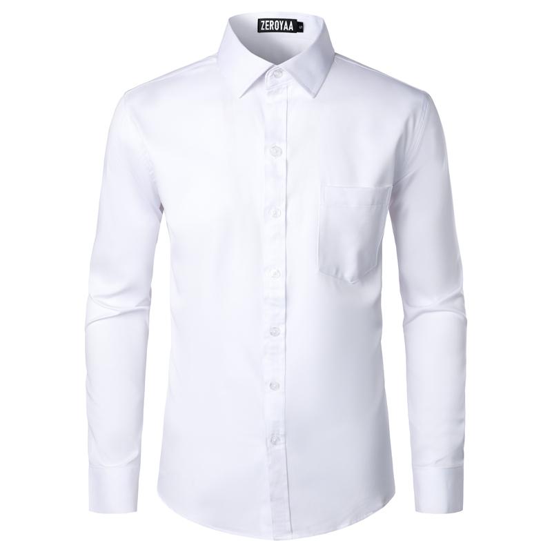 ZEROYAA Men's Beige Polyester Long Sleeve Button-Up Dress Shirt with Left Chest Pocket Urban Casual Business Slim Fit Tops