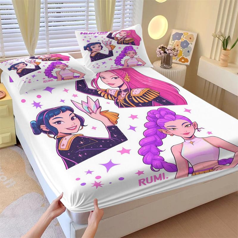 K-Pop Demon Hunters Fitted Sheet Set, Decorative Bedsheet Sets, 1 Fitted Sheet and 2 Pillowcases Without Inner Core, Fashionable Girl Group and Star Magic Element Bedding, Soft Breathable Fabric, Ideal for Bedroom and Dormitory Use #TOP PICKS