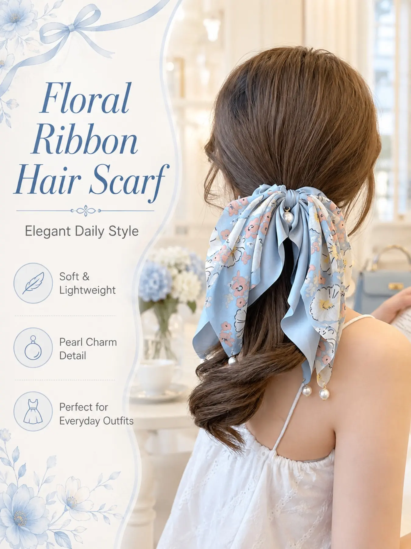 Floral Ribbon Hair Scarf Scrunchie, Elegant Fabric Bow Hair Tie with Pearl Pendant, Soft Lightweight Hair Accessories for Women Girls, Daily Casual Hairstyle Decor, Back to School Gift