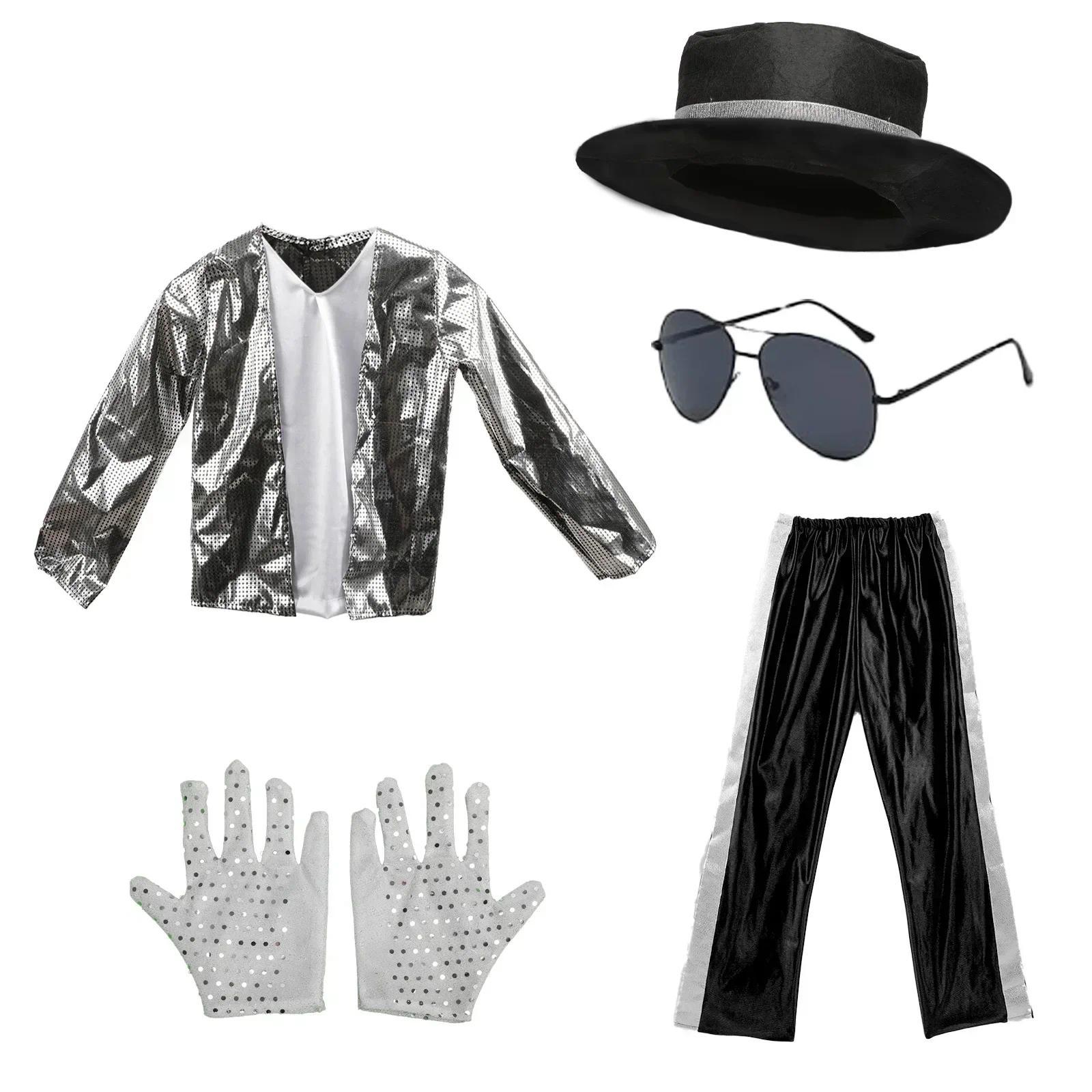Kids Boy  Billie Jean Cosplay Black Suit Dance Disco Halloween Fancy Dress Up 80s Pop King Costume for Top Pants