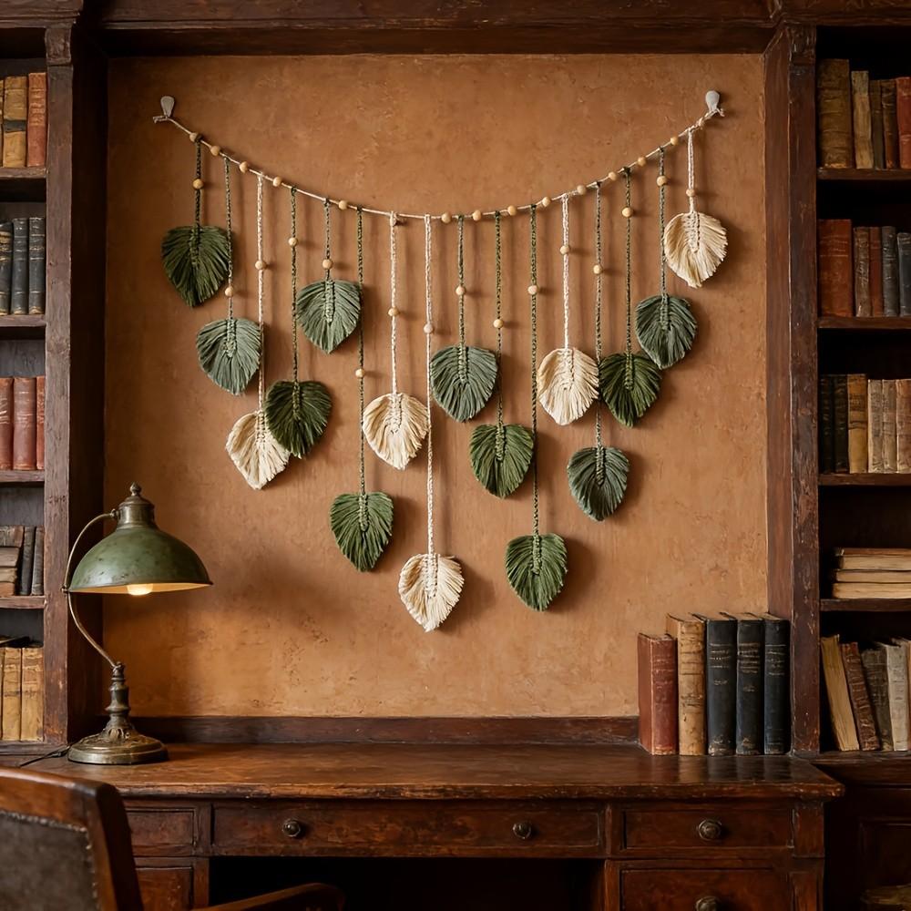 Bohemian Style Woven, Fashion Leaf Shape Hanging Tapestry, Handmade Fringe Beaded Ornament, Boho Wall Decor, Ideal for Living Room or Bedroom
