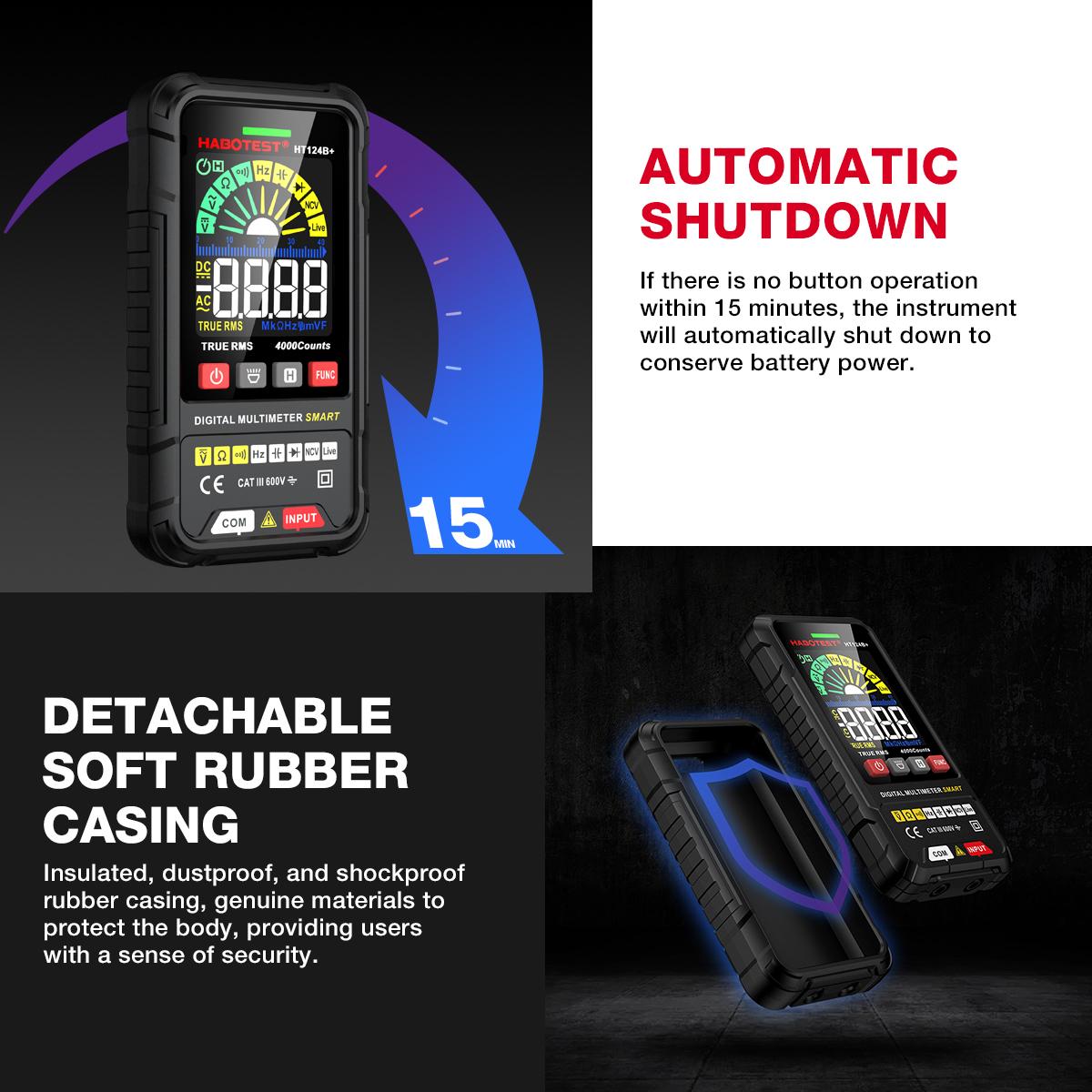 HABOTEST HT124B+ Smart Digital Multimeter 2.5-inch Color LCD Screen 600V AC/DC Voltmeter 4000 Counts True RMS Auto Ranging Voltage Meter NCV Live Wire Tester Resistance Capacitance Frequency Hz