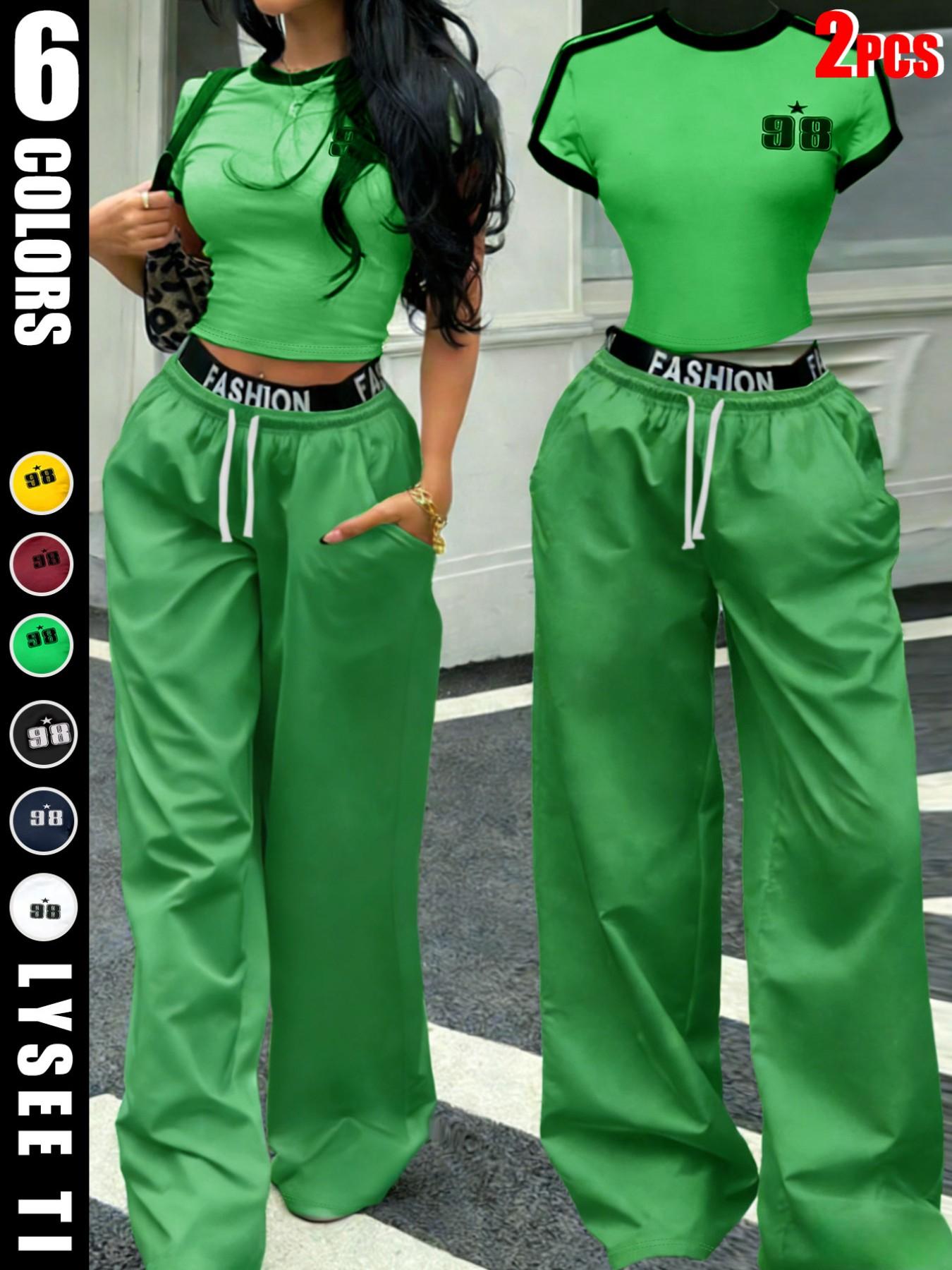 Hot-girl Style Contrast Binding Short Top and Letter Tape Wide Leg Pants, Women's Black & White Two-piece Set Hot-girl Style Contrast Binding Short Top and Letter Tape Wide Leg Pants, Women's Black & White Two-piece Set