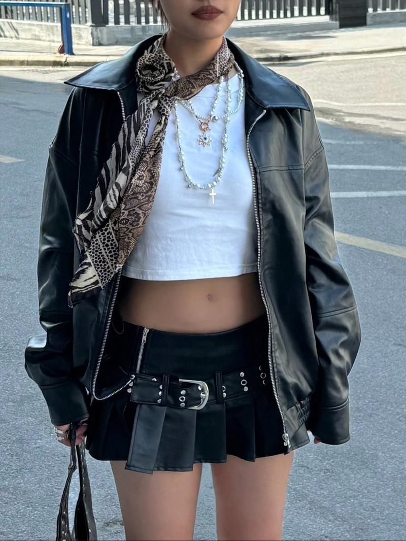 Women's Preppy Motorcycle Jacket, Casual Loose-Fit Long Sleeve Leather Coat, Autumn Winter Fashion Outerwear for Women