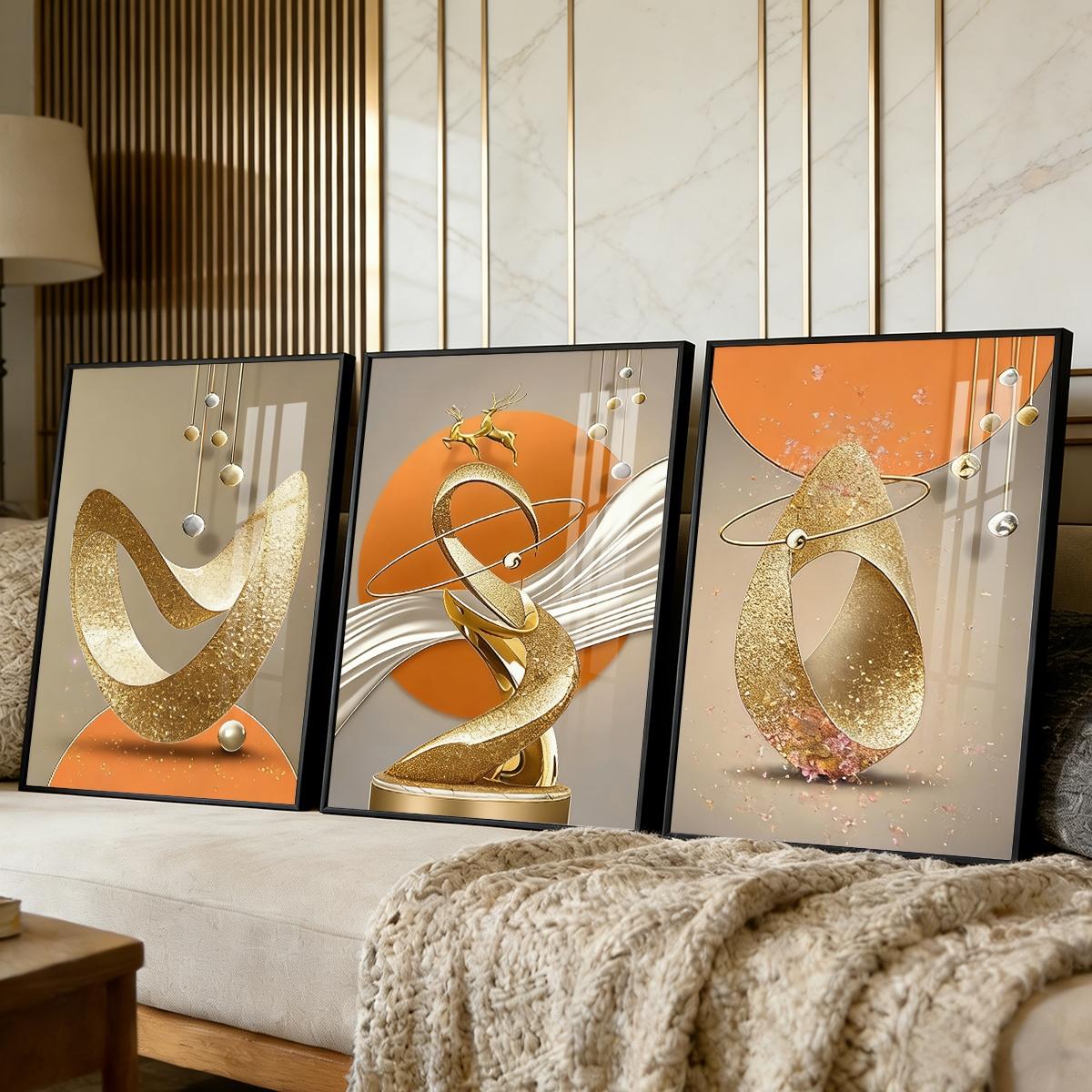 3 Counts Aluminum Alloy Framed Painting, Modern Abstract Golden Sculptural Art Pictures, Home Decoration For Living Room, Bedroom, Office, Restaurant, Hallway Wall Decor, Odorless Print Artwork, Luxury Perfect Gift For Friends And Family