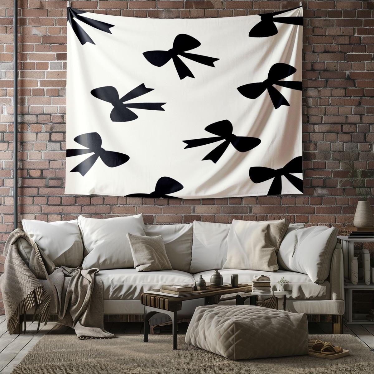 Bow Print Wall Tapestry, Minimalist Bedroom Wall Decor with Heart Accents, Aesthetic Gift for Girls