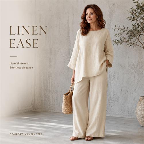 Women’s Linen Blend Crew Neck Shirt and Wide Leg Pants Set, Minimalist Casual Loose Fit Two Piece Outfit, Lightweight Breathable Matching Set for Daily Wear, Travel, Vacation, Weekend and Stylish Summer Fashion