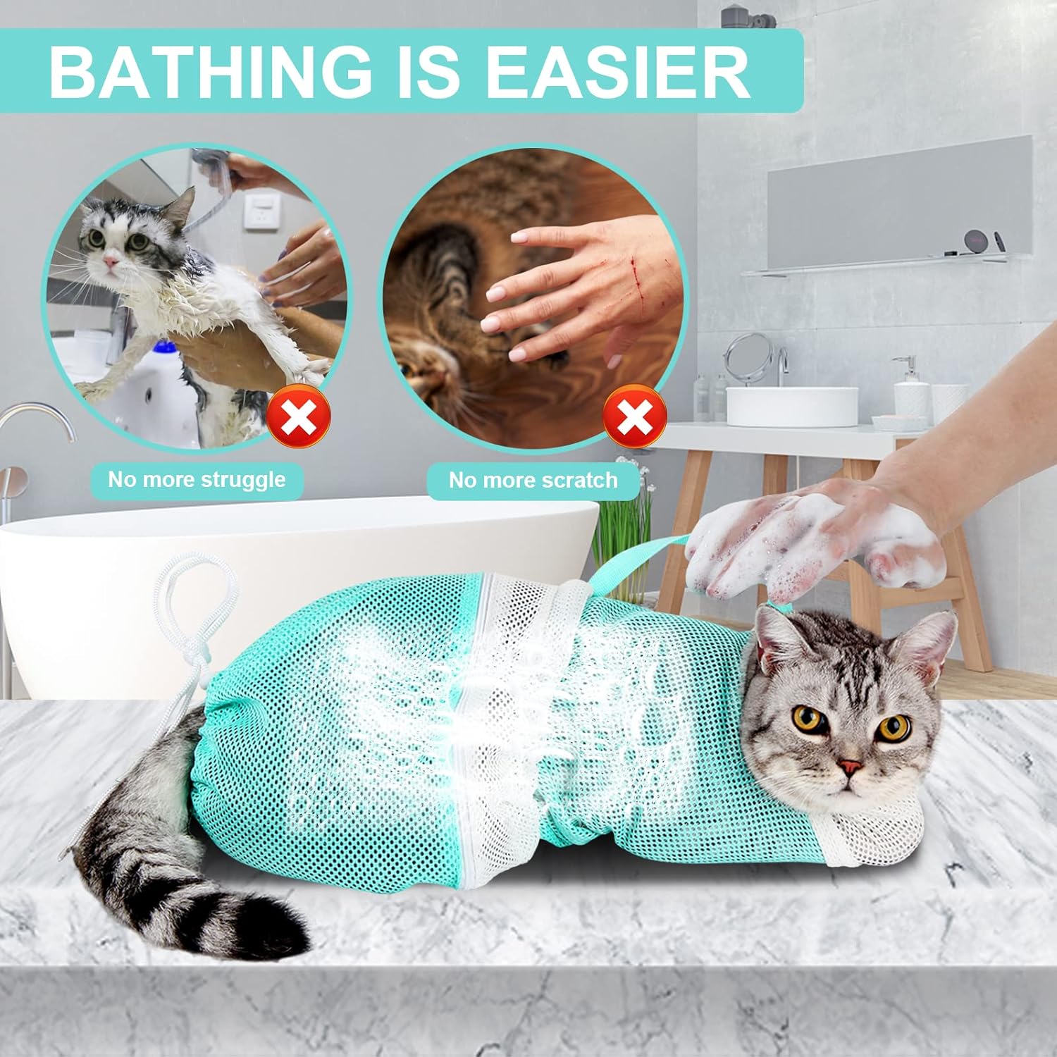 Adjustable Cat Bathing Mesh Bag, Anti-Bite Anti-Scratch Restraint Bag for Grooming, Nail Trimming & Injection, Portable Drawstring Shower Bag for Cats
