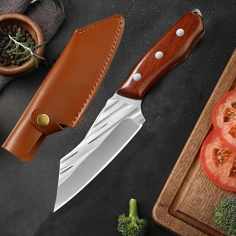 High quality handmade forged meat cleaver - ultra sharp steak knife, barbecue knife, kitchen chef's knife, kitchen cutting tool, ergonomic solid wood handle, handmade leather sheath - perfect for home kitchen, camping, barbecue cooking use