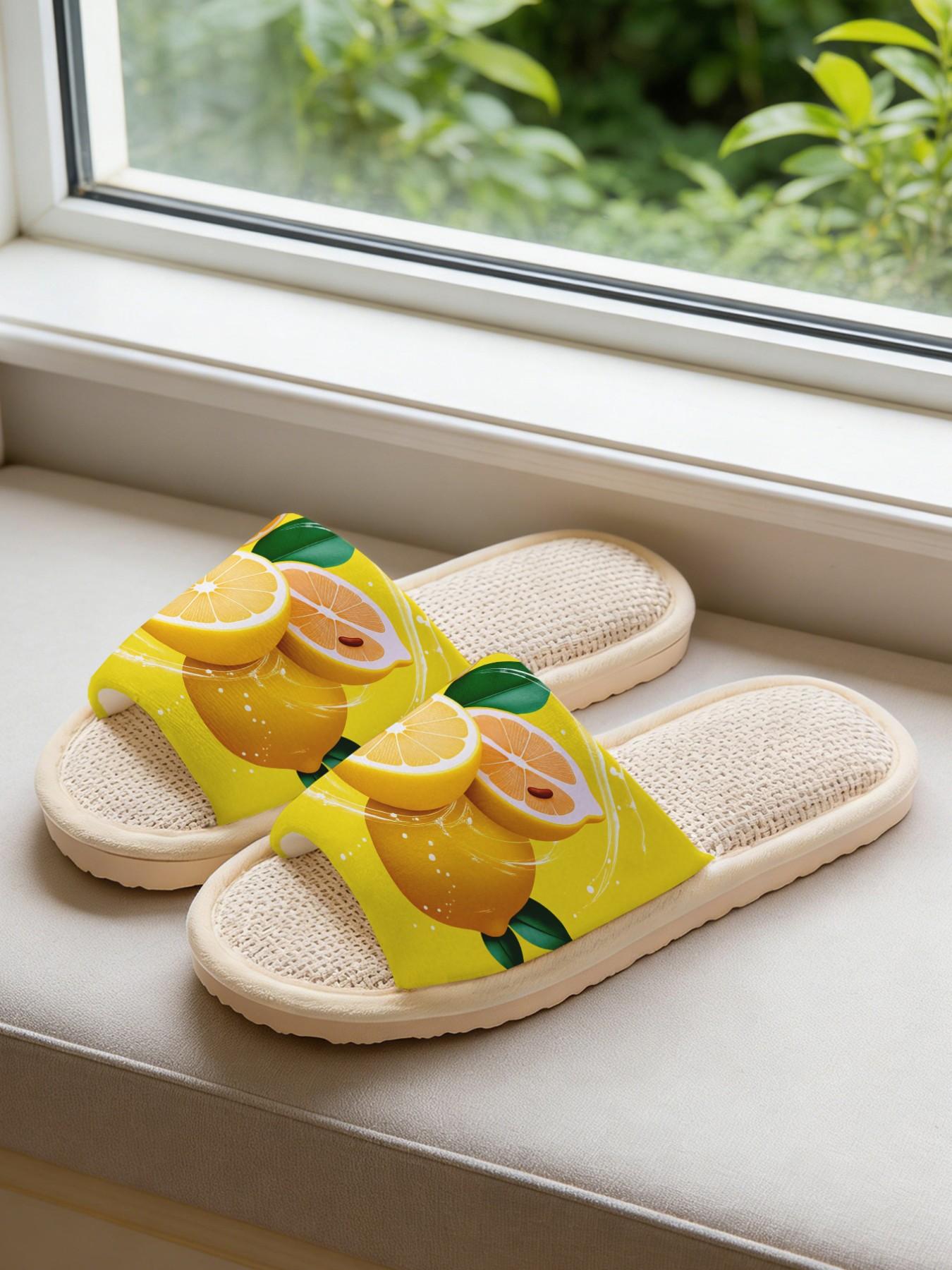 Women's Home Slippers, Lemon Print, Soft Eva Sole, Non-Slip Quiet, All-Season Casual Footwear, Textile Upper, Flower Design