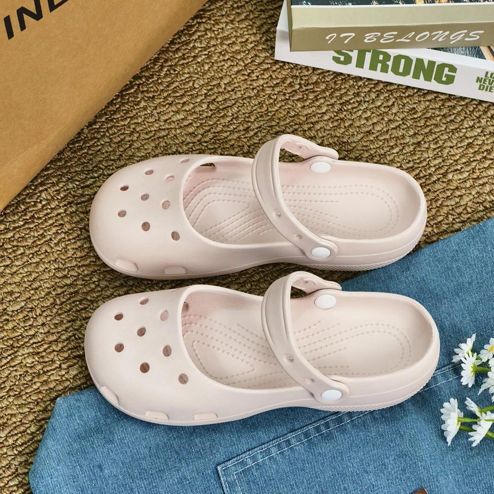 Retro EVA Outer Wear Mary Jane Slippers Shoes Summer New Women's Cute Ballet Hole Shoes Anti Slip Outdoor Beach Sandals