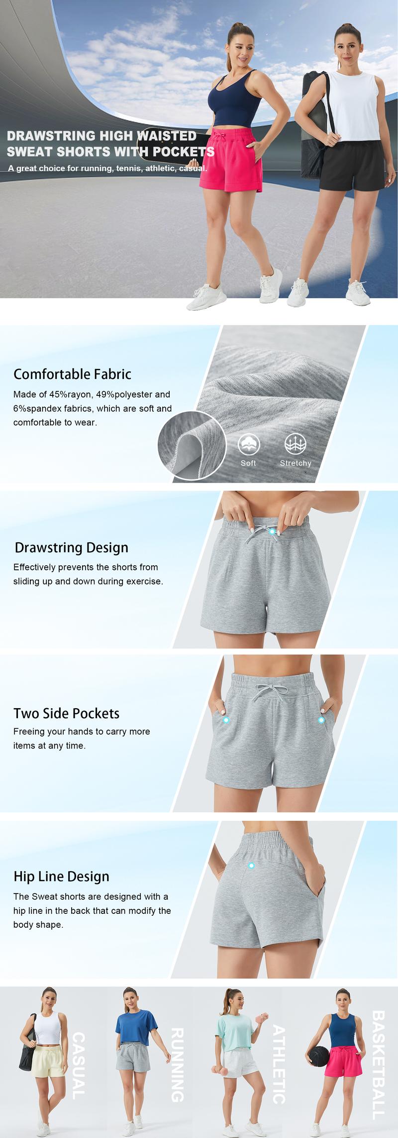 THE GYM PEOPLE Women's Drawstring Sweat Shorts High Waisted Summer Workout Lounge Shorts with Pockets