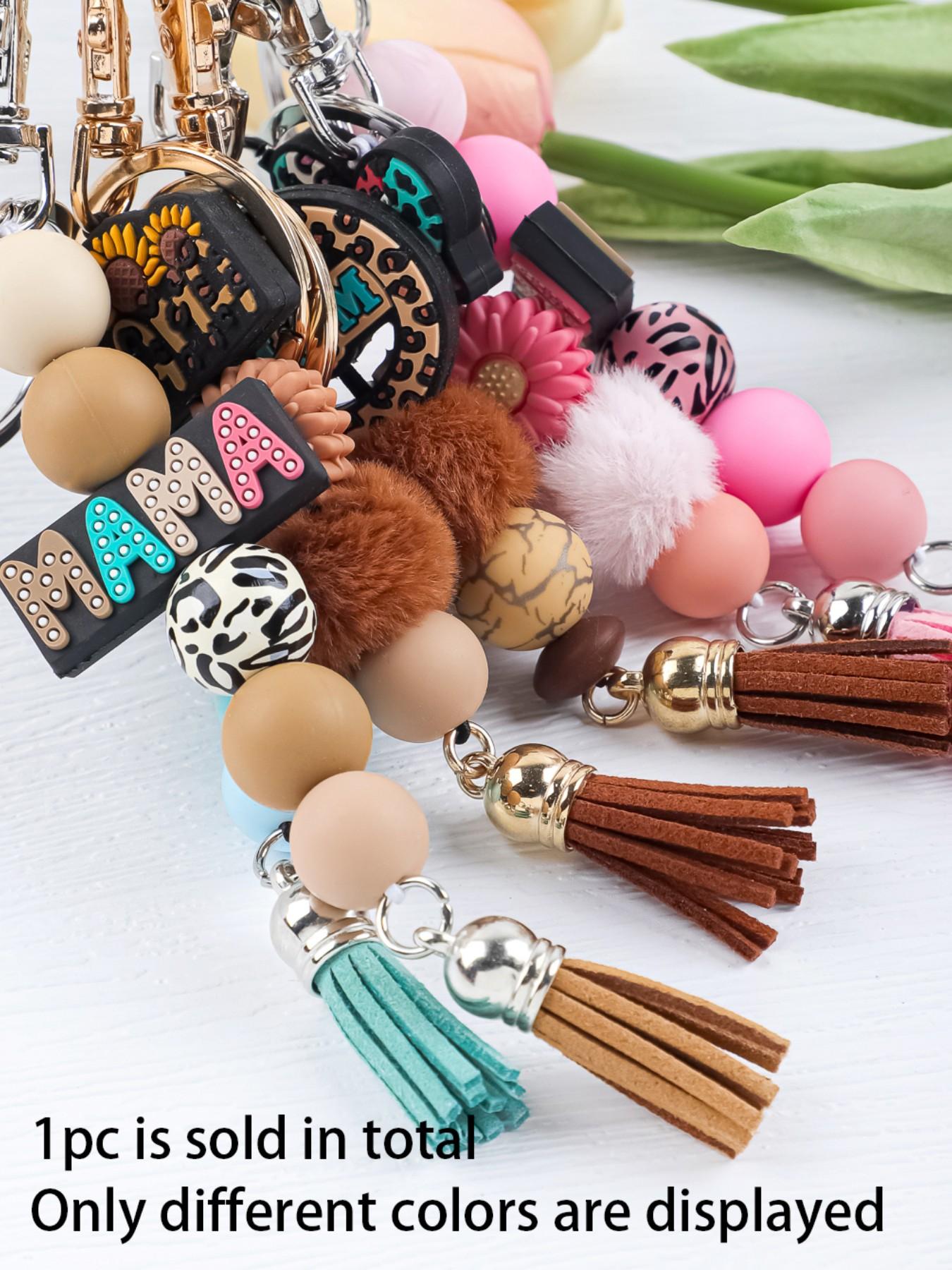 Mama Beaded Keychain, Mom Silicone Bead Key Ring, Mother's Day Gift, Leopard Print Keychain, Tassel Keychain, Mama Bag Charm, Sunflower Mama Keychain