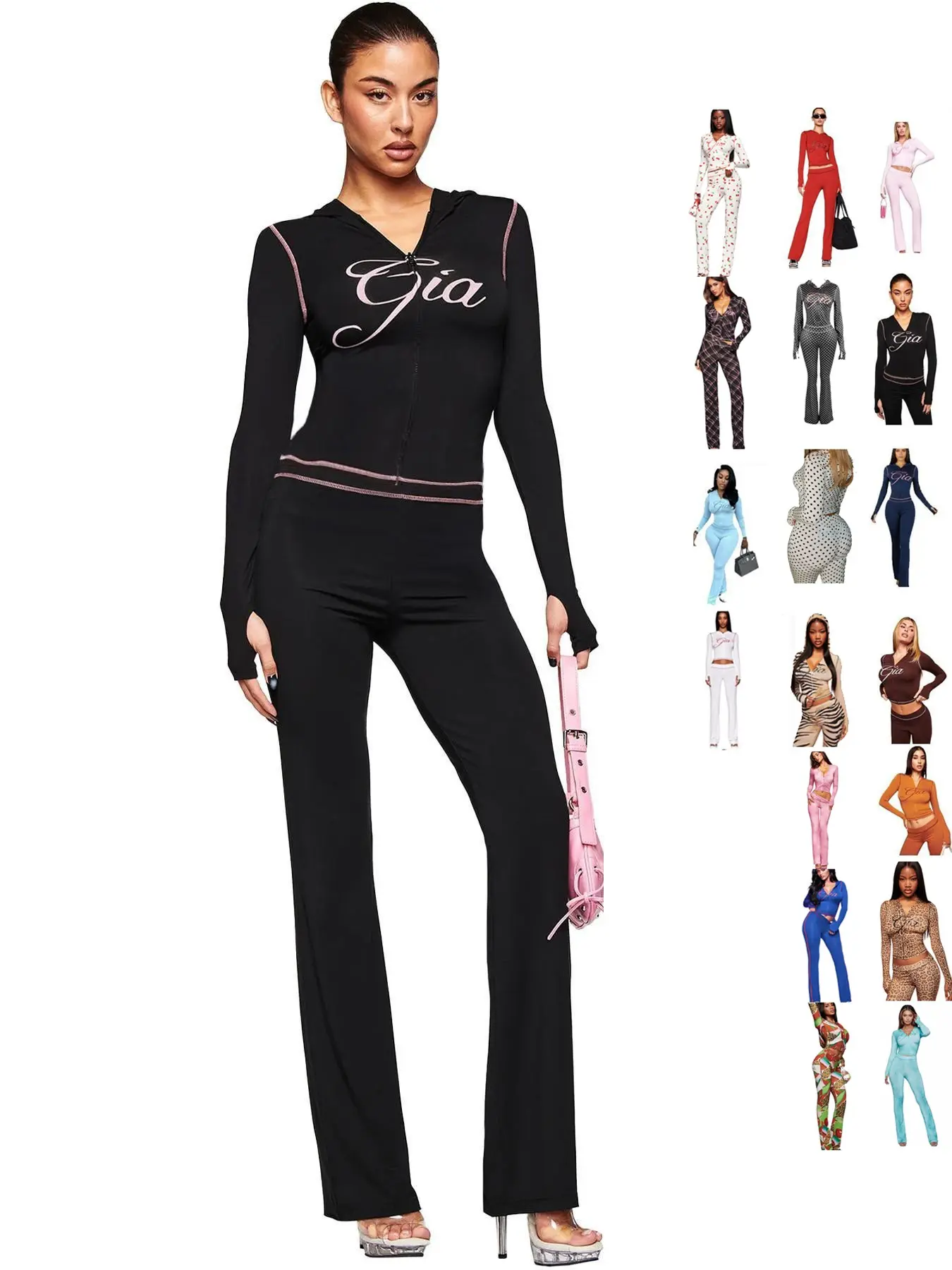 Women's Fall Streetwear Set, Patterned Zipper Hoodie and Pants, Long Sleeve Sporty Two-Piece, Nightclub Fashion, Casual Fitted Suit