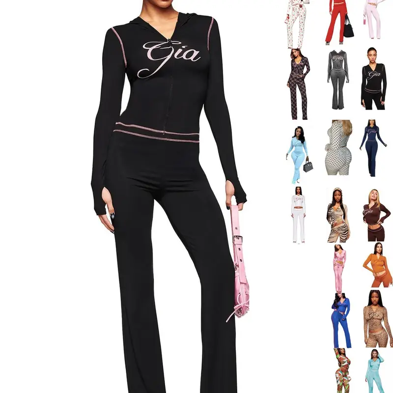 Women's Fall Set, Patterned Zipper Hoodie and Pants, Long Sleeve Sporty Two-Piece, Nightclub Fashion, Casual Fitted Suit, Stylish Casual Tracksuit