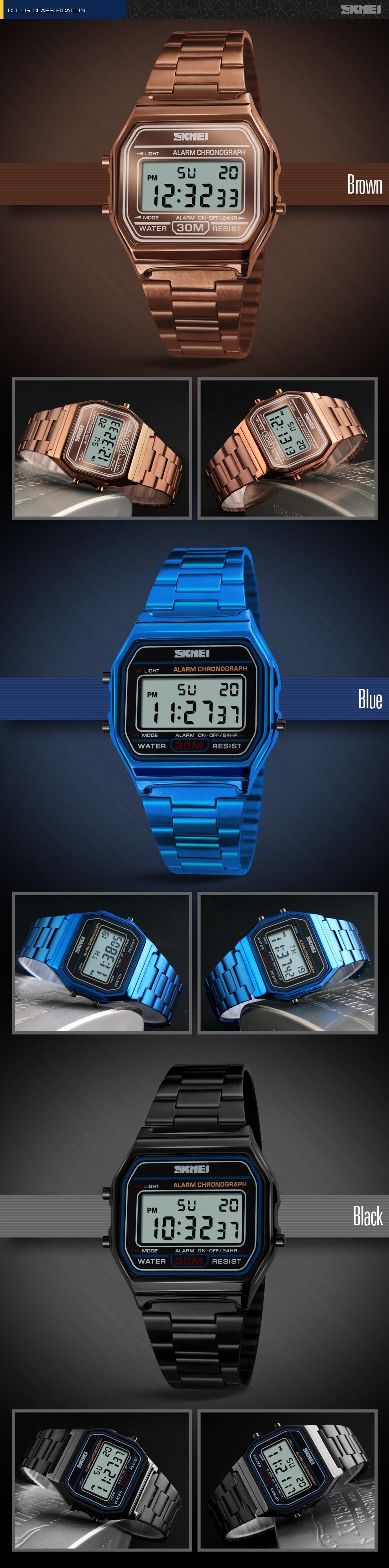 Men's Digital Outdoors Gold Stainless Steel Watch Backlit Multifunction Stopwatch Waterproof Sport watches