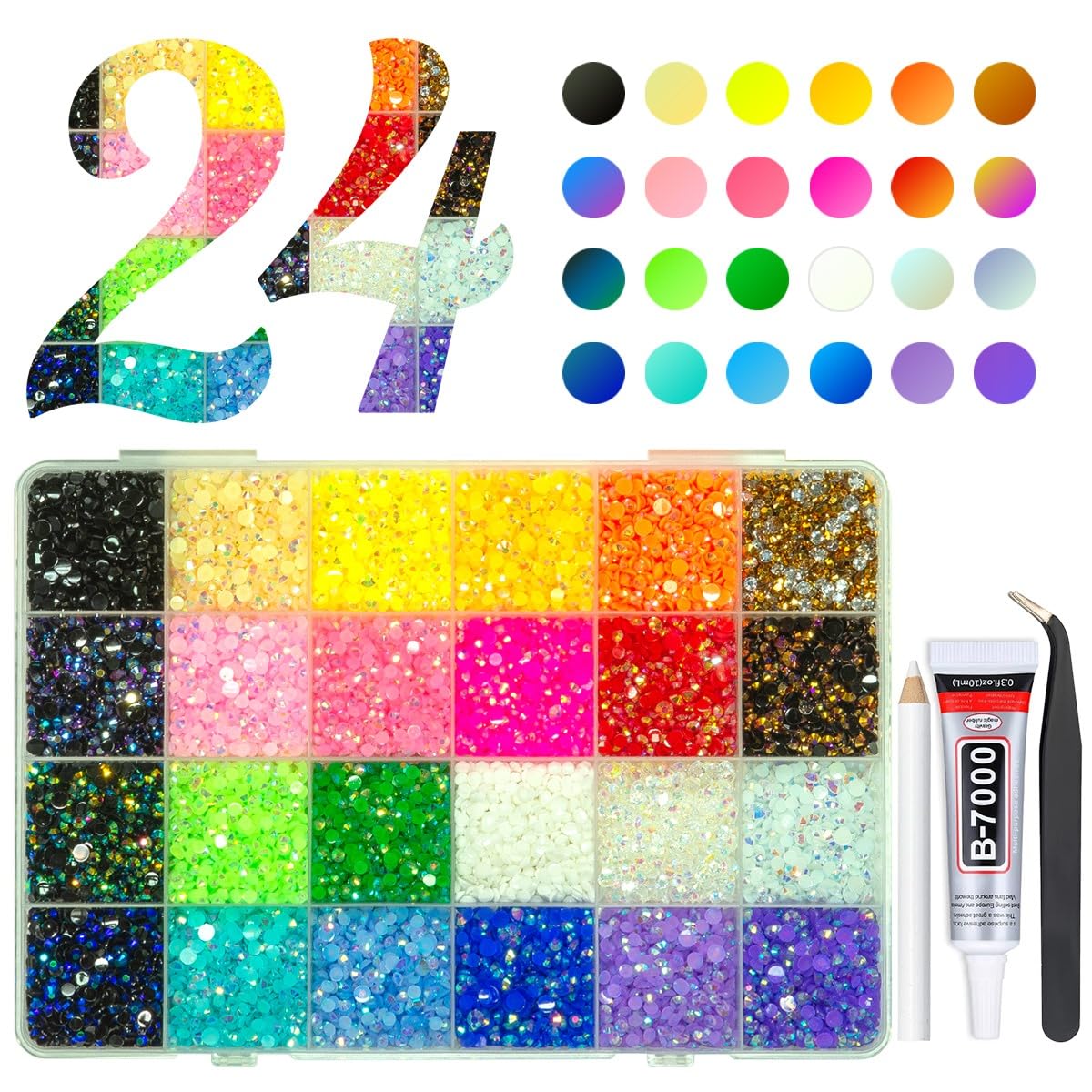 1Box 24 Color Semi-circular Jelly Rhinestones Charms 3mm Multi-colors Flatback Resin Nail Gems for Bedazzling Kit with 3Pcs 10ml B7000 Adhesive Glue Tweezers DIY Phone Case Headphones,Book Nail Decor