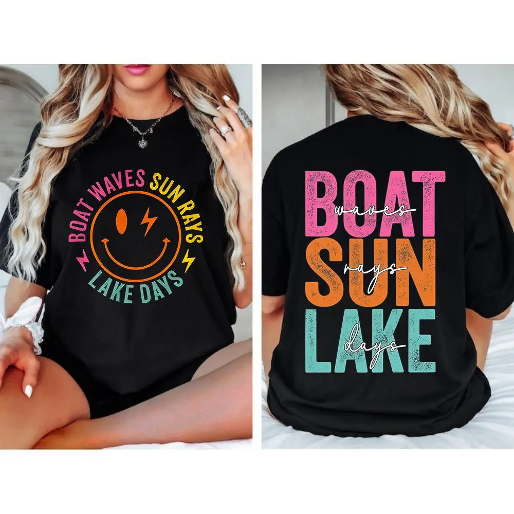 Summer Vibes T-shirt,Front-back Summer Shirt, Boat waves Sun Rays Lake Days T-shirt, Trendy Summer Shirt Gift,Lake Day Shirt
