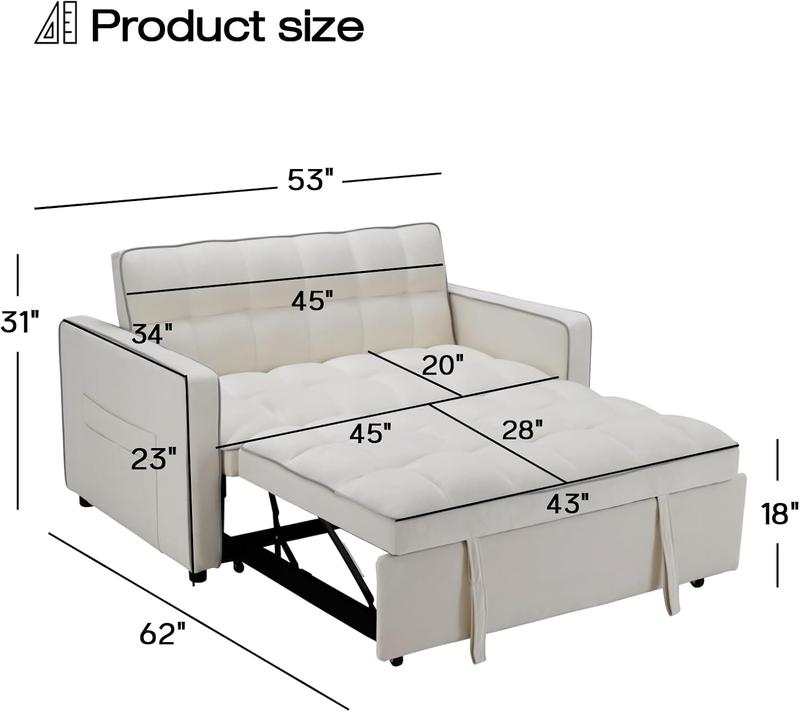 [HolidayHaul]EBELLO Velvet Convertible Pull Out Sofa Bed, 3-in-1 Loveseat Sleeper with Adjustable Backrest, Modern Futon Couch with 2 Pockets, Small Love Seat Sofas for Living Room, Bedroom, Apartment