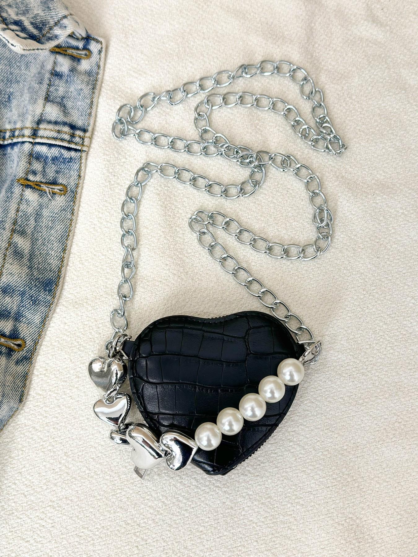 Vintage Mini Crossbody Bag, Crocodile Pattern Pearl Chain Purse, Heart Shape Fashion Coin Wallet, All Seasons Solid Design