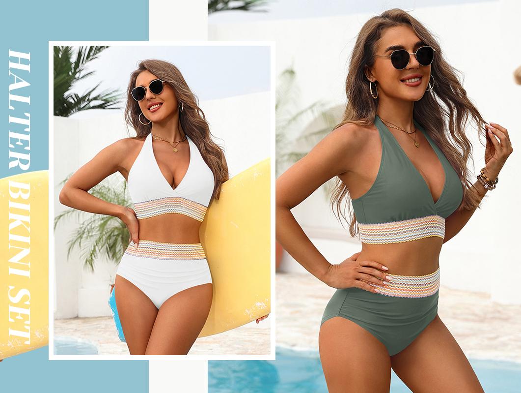 Yonique Women High Waisted Tummy Control Bikini Swimsuit  Halter Bikini Top Push Up Color Block Two Piece Bathing Suit