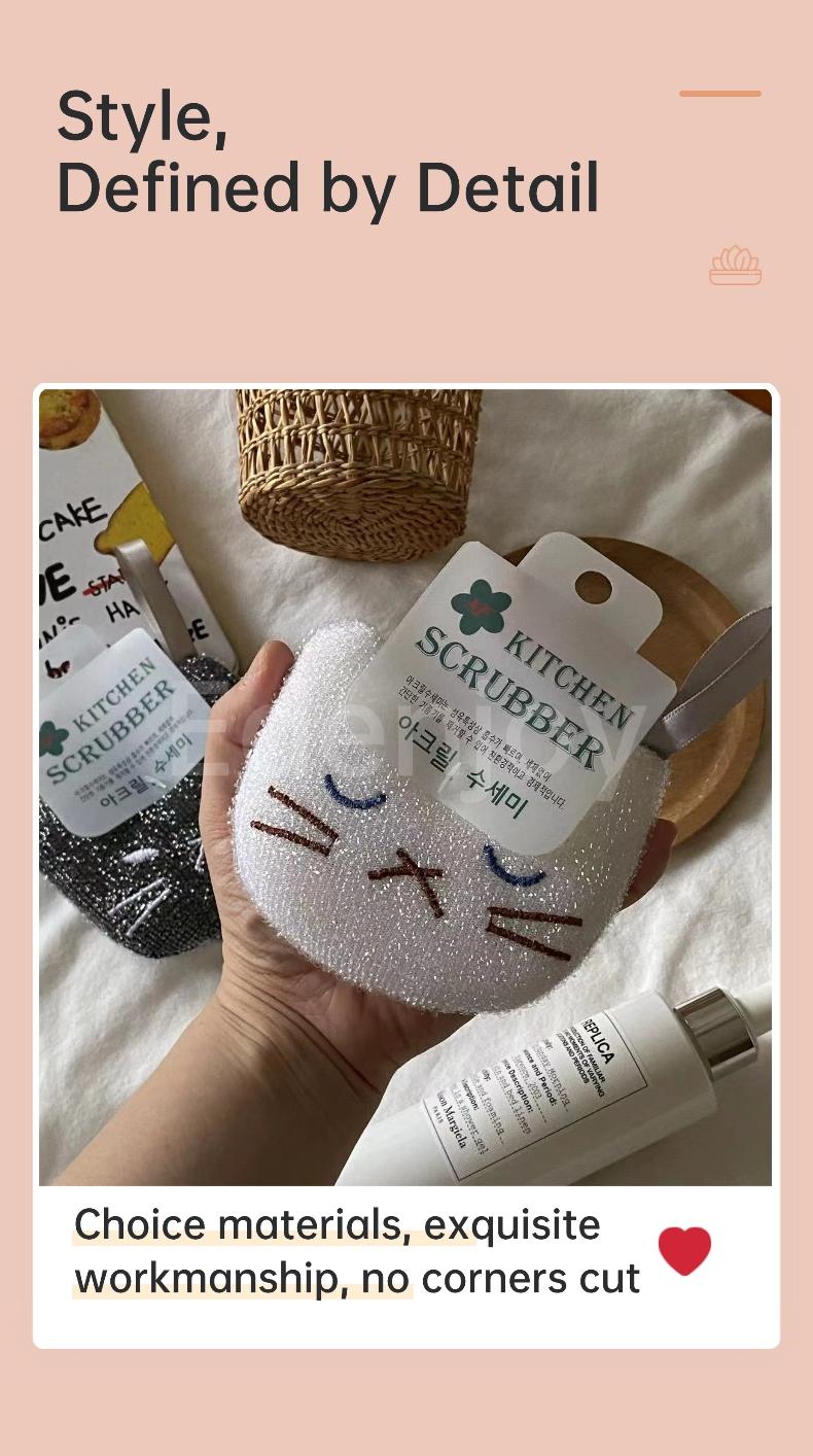 Thick Kitchen Sponge Cleaner Cloth, Cartoon Cat Embroidered Dishwashing Sponge, Non-Scratch Cleaning Pad, Durable and Reusable