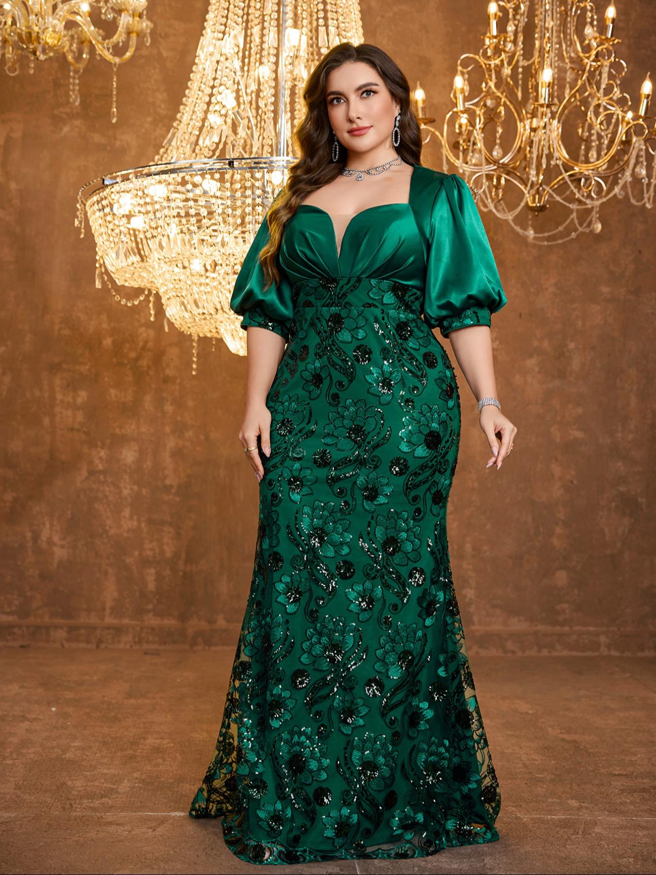Plus Size Women's V Neck Lantern Sleeve Sequin Patchwork Satin Slim Fit Elegant Evening Party Dress, Random Cut Design - TikTok Shop Plus Size Women's V Neck Lantern Sleeve Sequin Patchwork Satin Slim Fit Elegant Evening Party Dress, Random Cut Design - TikTok Shop